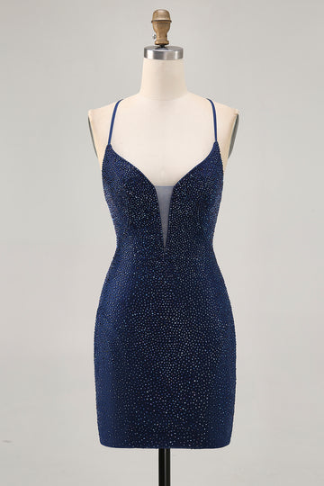 Dark Blue Beaded Spaghetti Straps Bodycon Homecoming Dress